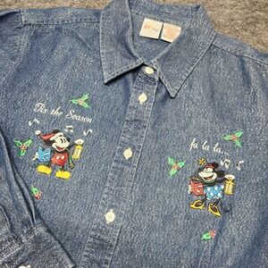Disney Mickey Minnie Mouse Embroidered Sparkle Glitter Christmas Denim Shirt XL
